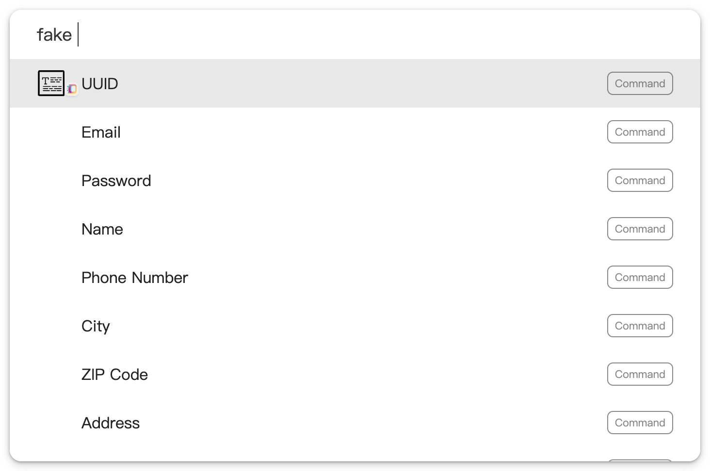 The Fake Data Generator extension running in Sliprail with its available subcommands