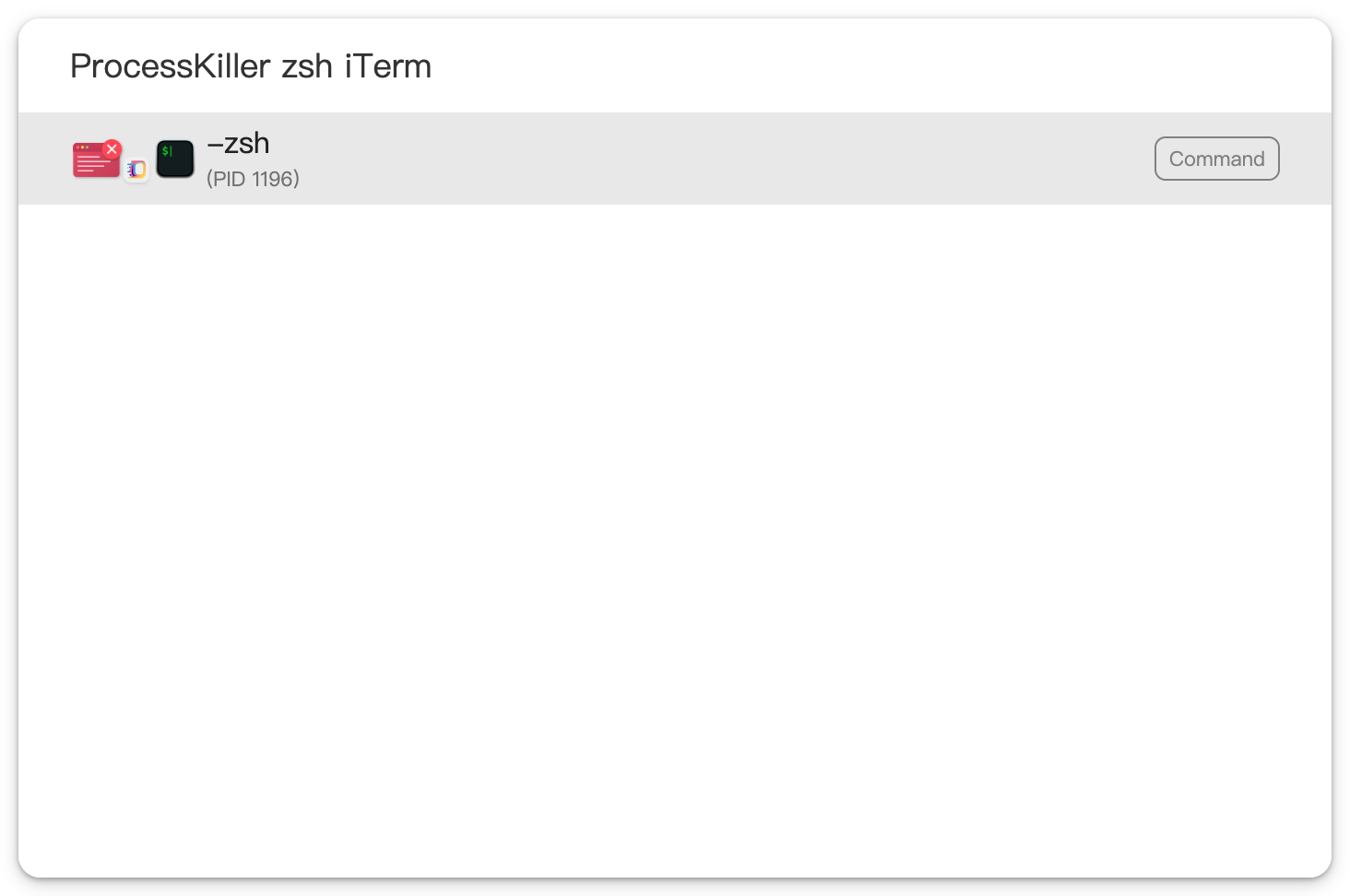 Process Killer search results showing the selected iTerm window titled -zsh and its PID