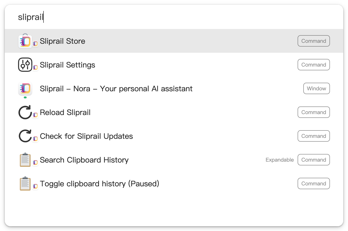 Sliprail showing commands, a window, and an expandable capability in one result set
