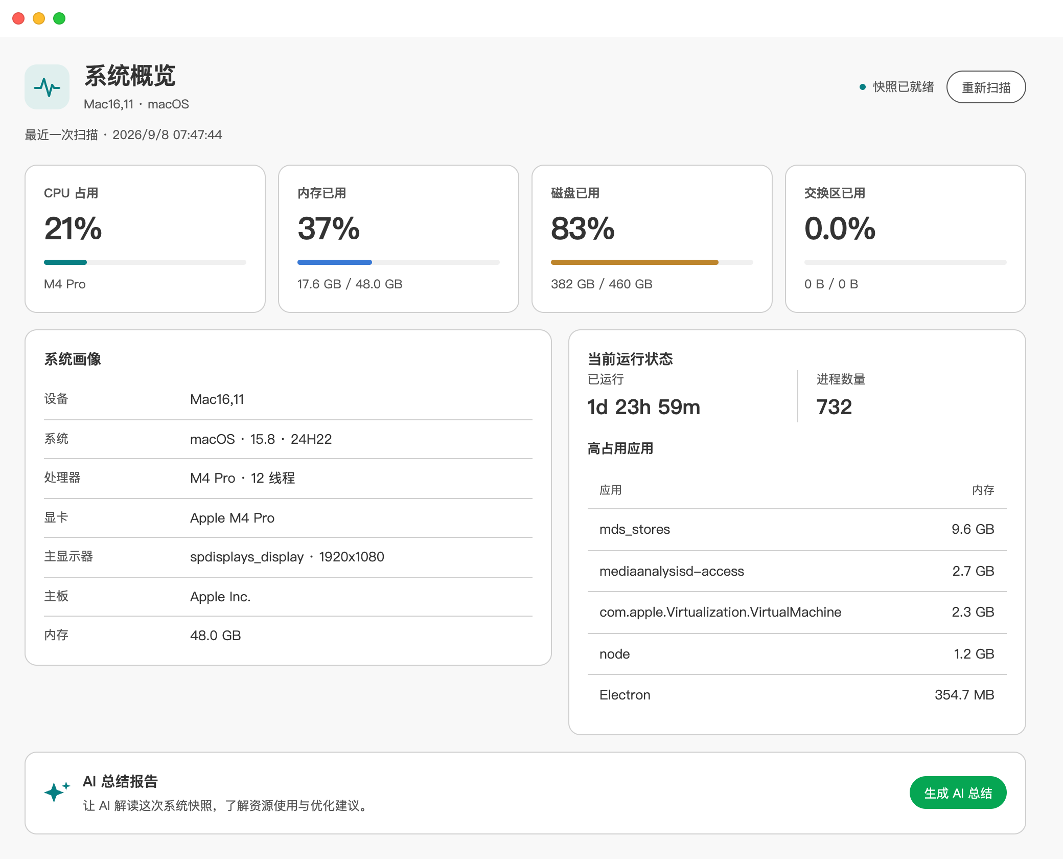 macOS 版 Sliprail System Pulse 的系统概览,展示 CPU、内存、磁盘和交换区使用情况、系统画像、当前运行状态及可选的 AI 总结入口