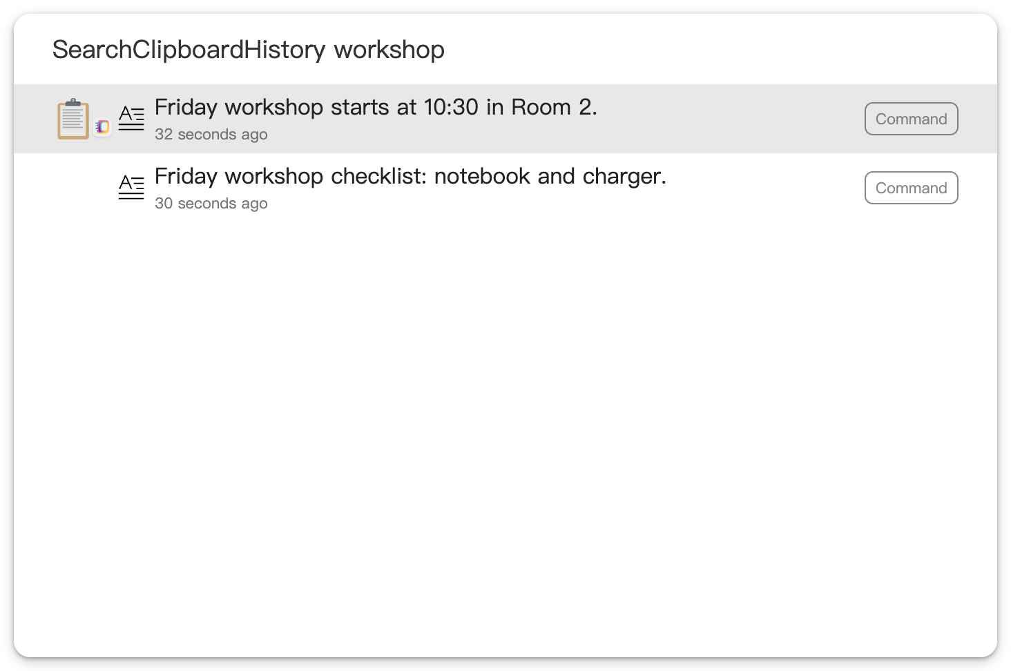 Sliprail results for workshop, showing the start time and room alongside a checklist.
