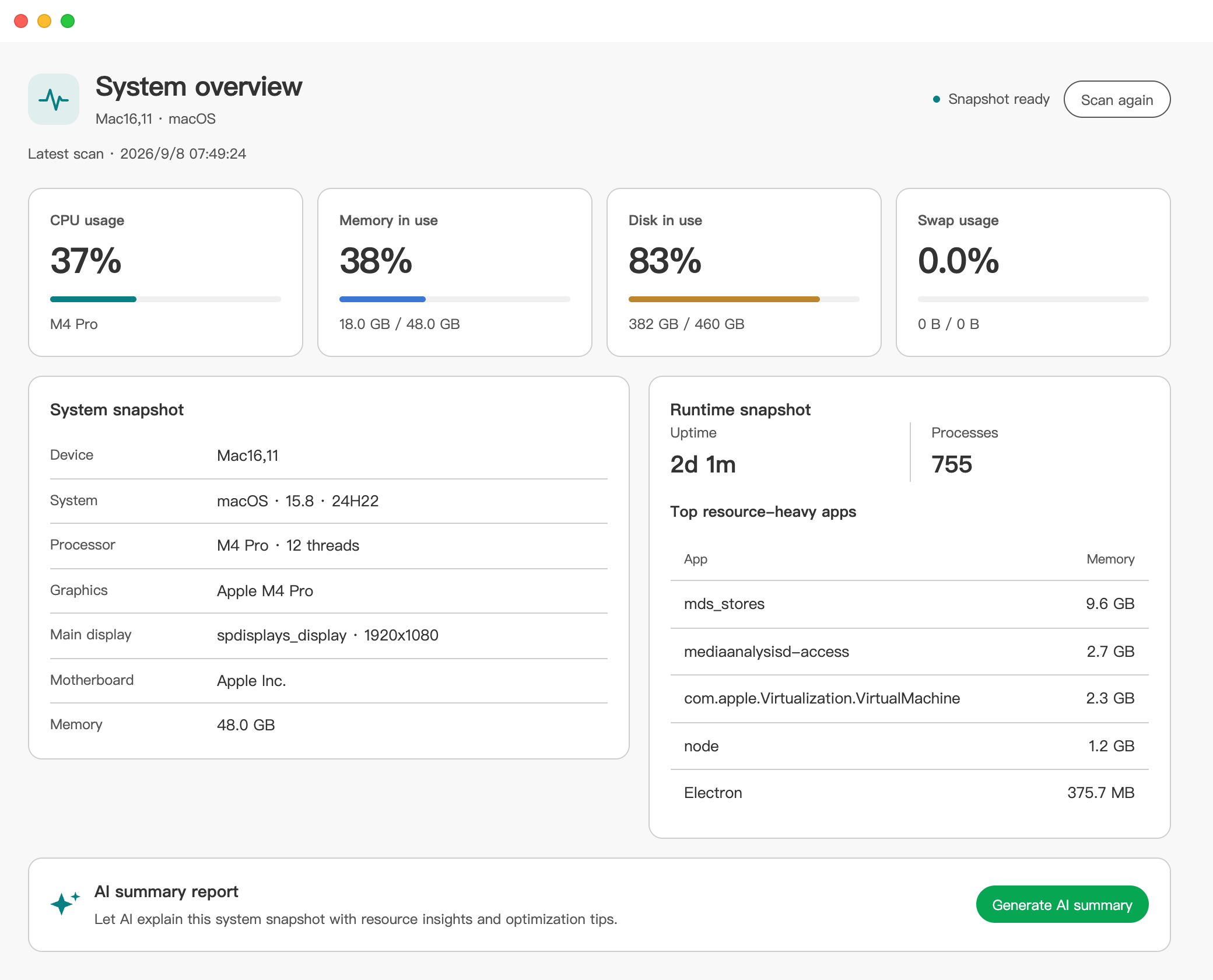 Sliprail System Pulse on macOS showing CPU, memory, disk and swap usage, system and runtime snapshots, and the optional AI summary control